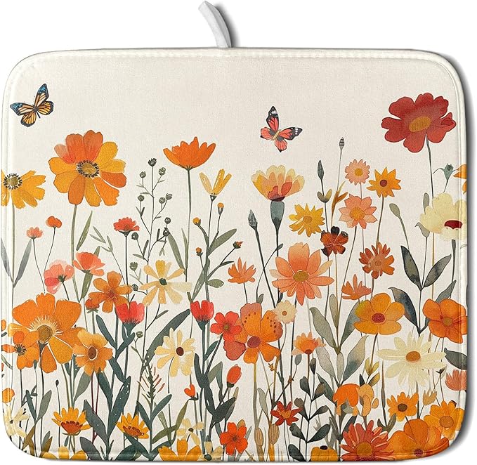 Fall Orange Wildflower Dish Drying Mat for Kitchen Counter,Autumn Floral Butterflies Drying Mat 16 x 18 Inch with Absorbent Reversible Microfiber Dish Drying Pad Dish Pad for Coffee Bar