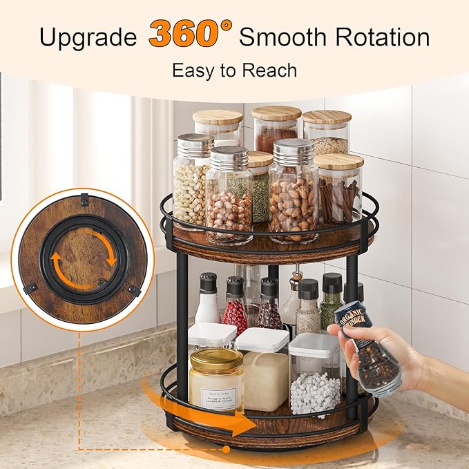 Snughome Rotating Spice Rack, 2 Tier Lazy Susan Organizer, Wood Kitchen Countertop Organizer, Brown Lazy Susan Turntable for Cabinet, 10.2" x 10.2" x 10.4"