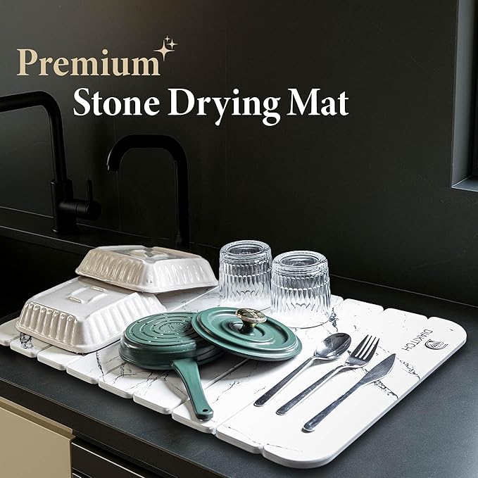 Stone Drying Mat for Kitchen Counter – Super Absorbent Stone Dish Drying Mat, Foldable & Quick Dry, Diatomaceous Earth Mat for Dish & Bottle, Ideal for Kitchen - 23.6" x 15.4", White
