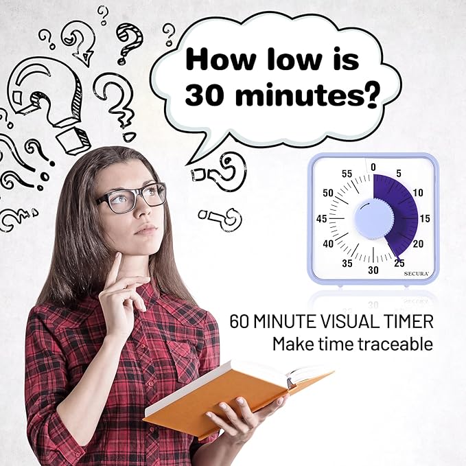 Secura 7.5 Inch Visual Timer, 60 Minute Oversize Visual Countdown Timer for Kids and Adults, Durable Mechanical Time Management Tool (Violet)