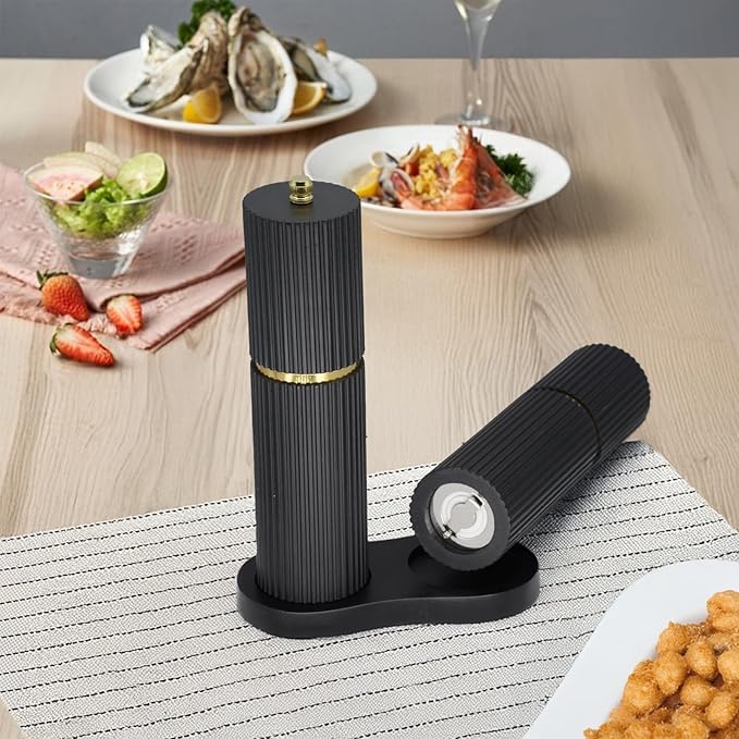 Wooden Salt and Pepper Grinder Set with Gold Accents, Salt and Pepper Grinder with Adjustable Coarseness, Beech Wood Pepper Grinder Manual,Salt and Pepper Shakers Matching Wooden Rray for Gifting
