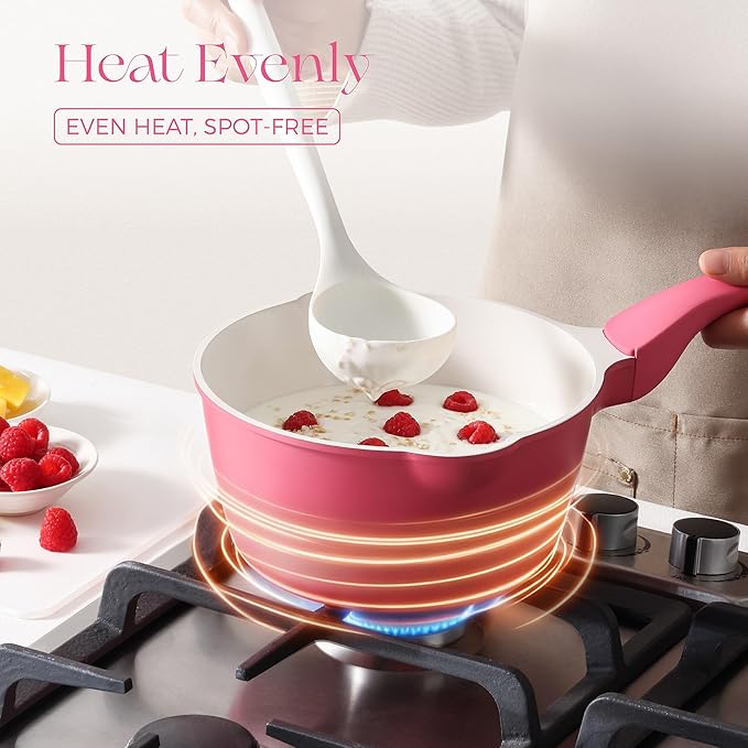 PRICUSIS Ceramic Nonstick Saucepan with Lid, 2 Quart Non Toxic Pot with Pour Spouts, Full Coated, 100% Dishwasher Safe, Induction Compatible & Oven Safe, PTFE PFAS & PFOA Free, Raspberry Red