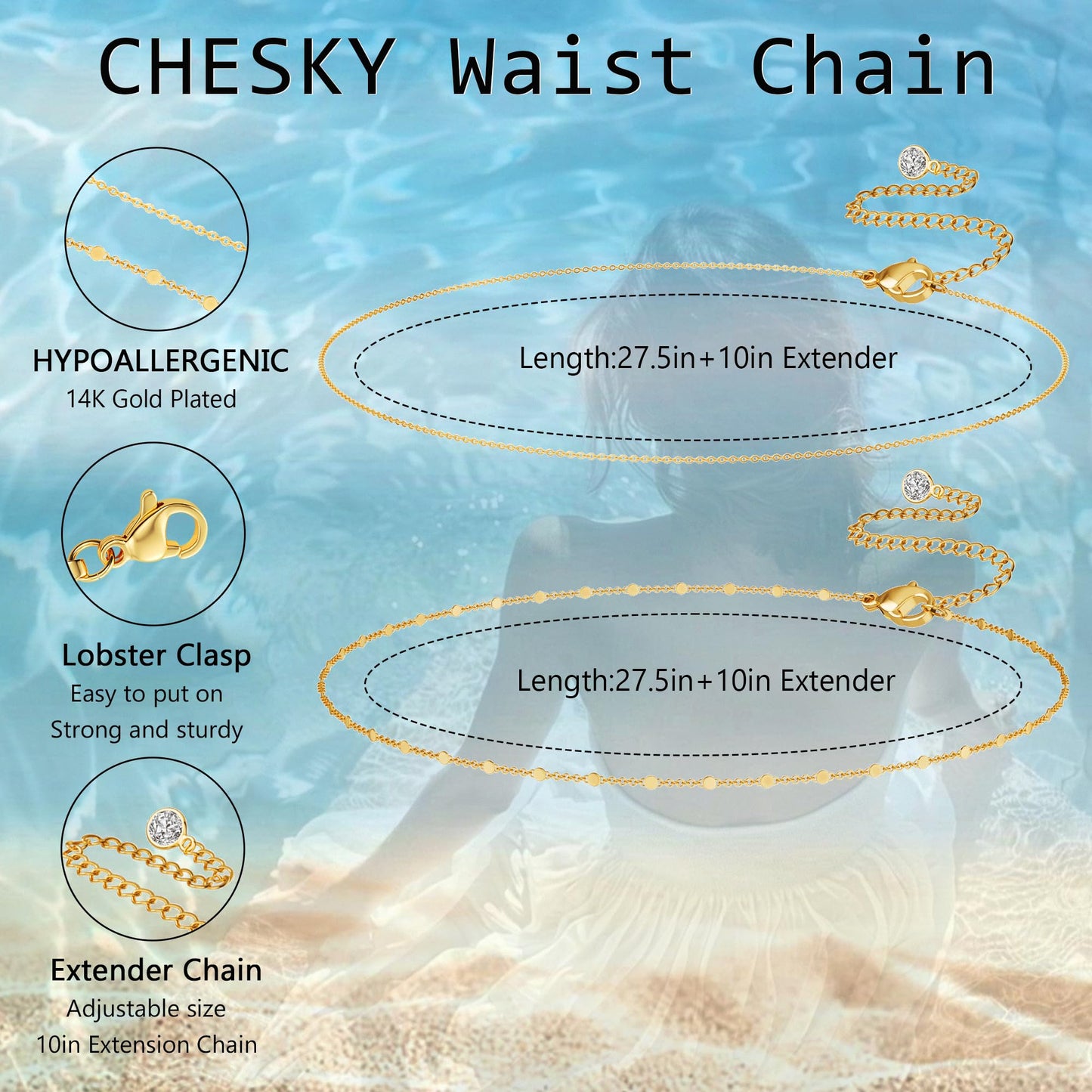 CHESKY 14K Gold Plated Waist Chain for Women, Dainty Layered Belly Belt Chains Beach Waist Chain Waterproof Thin Body Chain Summer Jewelry Accessories for Women