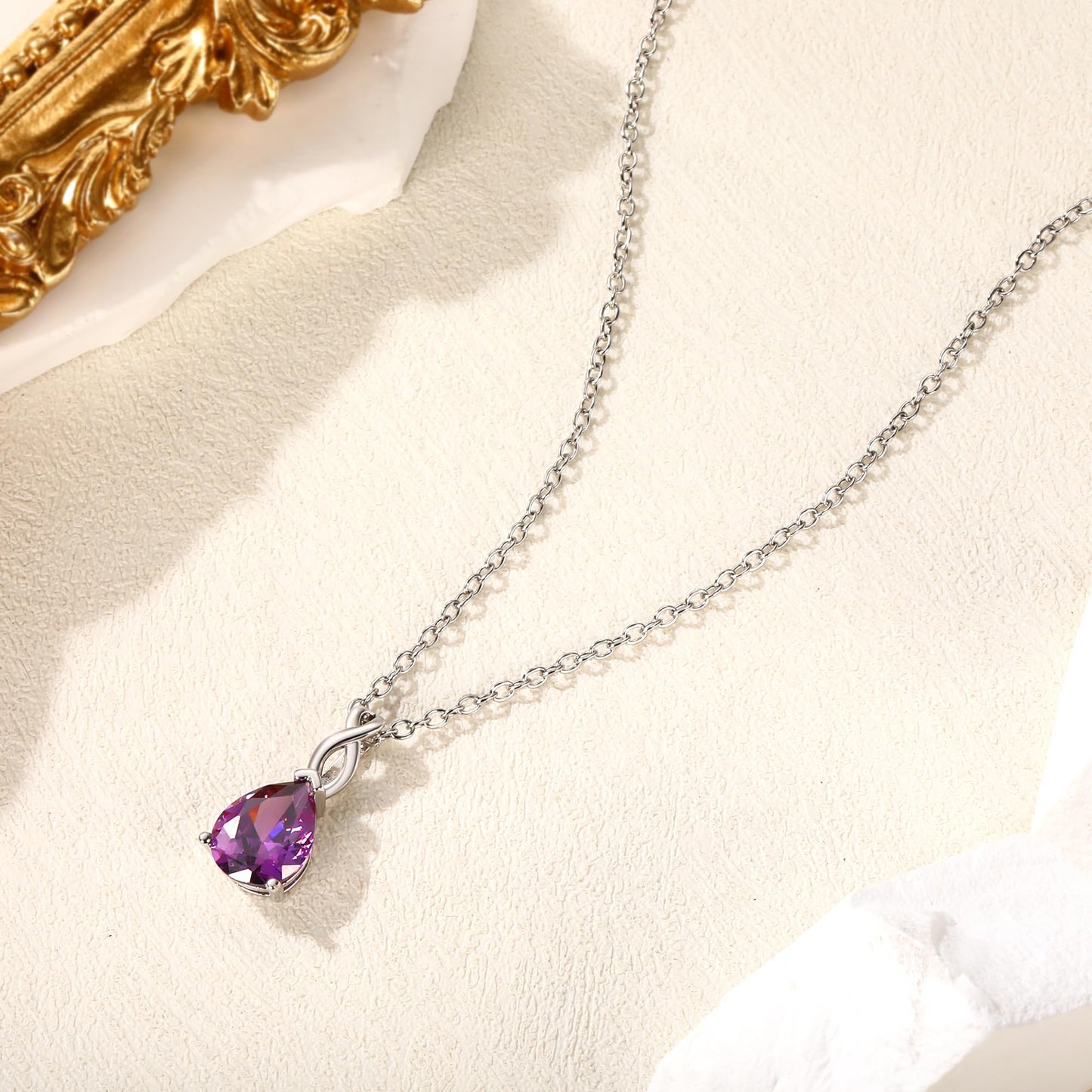 VOLUKA Teardrop Crystal Pendant Necklace, Created Purple Amethyst, 18K White Gold Plated Chain, 17.5+2 Inch Adjustable, 8x10mm Pear Stone