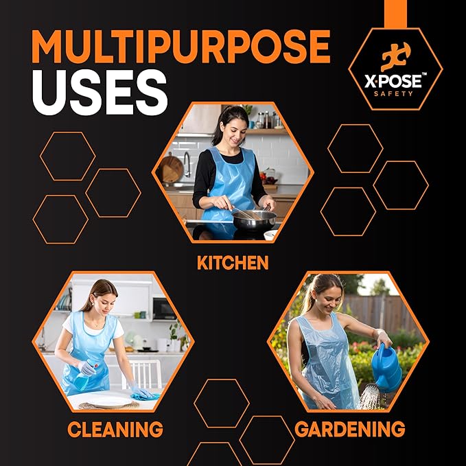 Xpose Safety 300 Blue Plastic Disposable Aprons for Cooking & more Individually Packaged, Durable 1 Mil Waterproof Polyethylene 24" x 48"