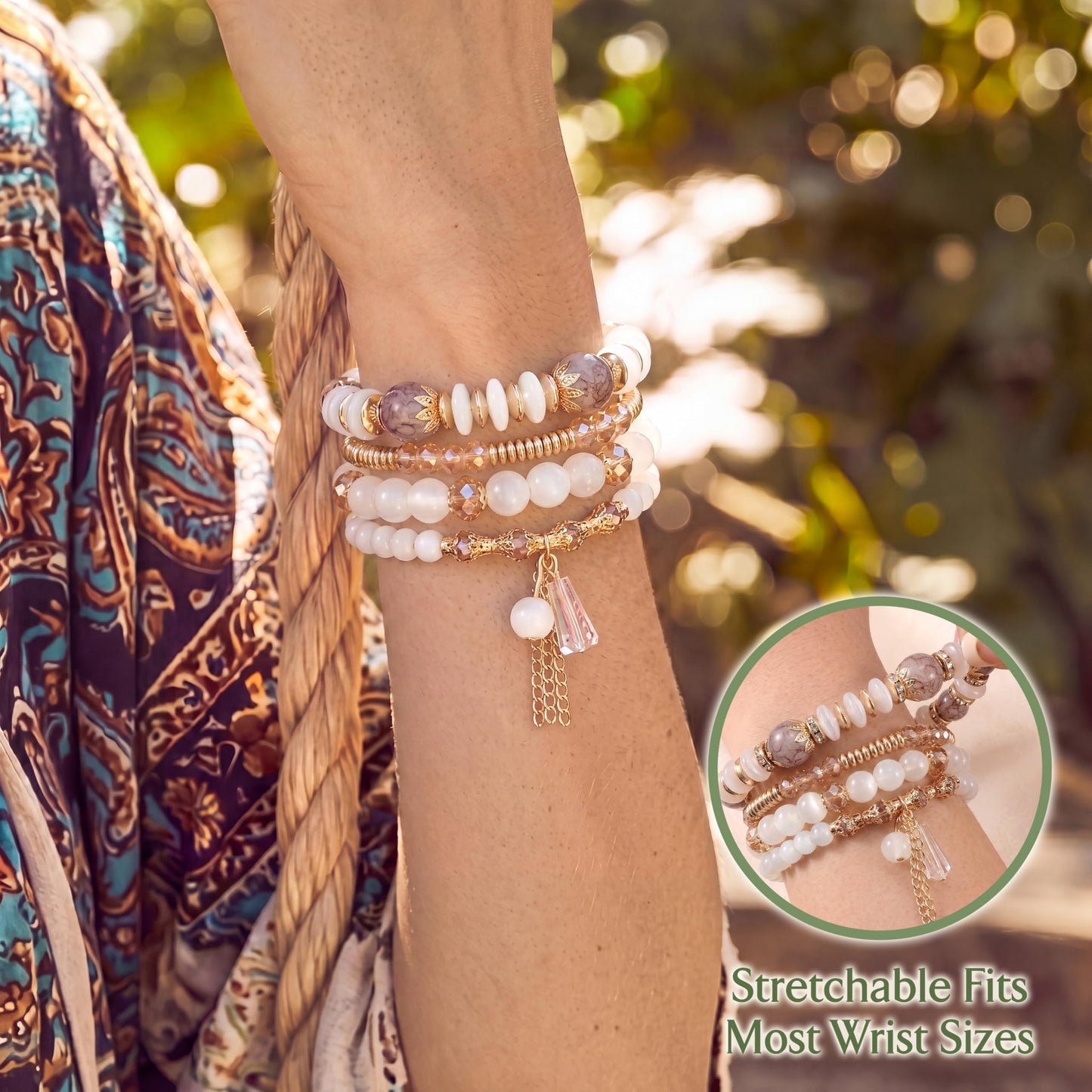 Tungary 4Pcs Beaded Bracelets for Women Bohemian Bracelet Stacks Handmade Natural Stone Stretch Bracelets Multi-Color Daily Wear Accessories Summer Beach Boho Jewelry Gift White Bracelet Set