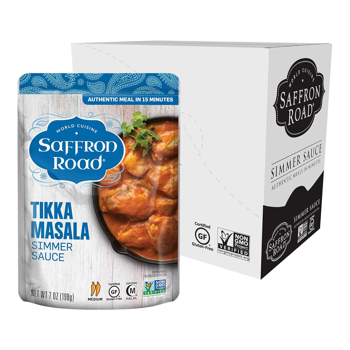 Saffron Road Tikka Masala Simmer Sauce | Globally Inspired Simmer Sauce | Gluten-free, Vegetarian, Non-GMO, and Certified Halal and Kosher | 7.0oz Pouch | Pack of 8