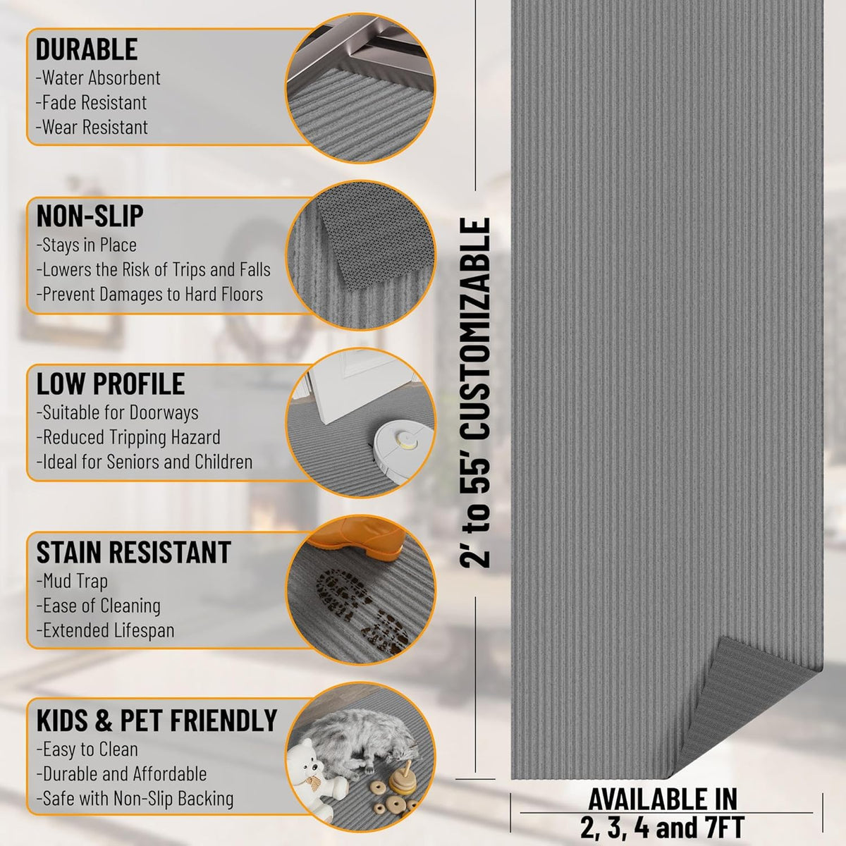 Ottomanson 2'7" x 11' Hallway Runner with Scraper Pile - Extra Durable Non-Slip Rug Mat for Indoor & Outdoor Use - Ideal for Kitchen, Entryway & Garage - High-Traffic Carpet, Gray