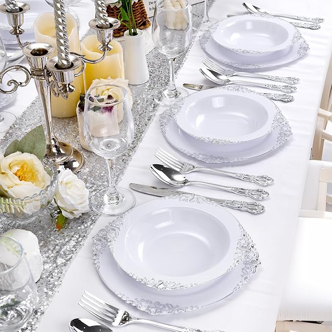 100PCS Silver Plastic Bowls - 12 oz Silver Disposable Salad Bowls - Heavy Duty Disposable Soup Bowl - Fancy Plastic Ice Cream Bowl for Weddings Parties Dinners Picnics