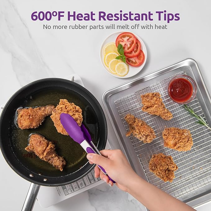 600ºF Heat Resistant Kitchen Tong: U-Taste 7 inch Silicone Cooking Tong with Firm Sealed Non Stick Rubber Tips & Silicon Coated 18/8 Stainless Steel Handle & Smooth Locking for Serving Salad (Purple)