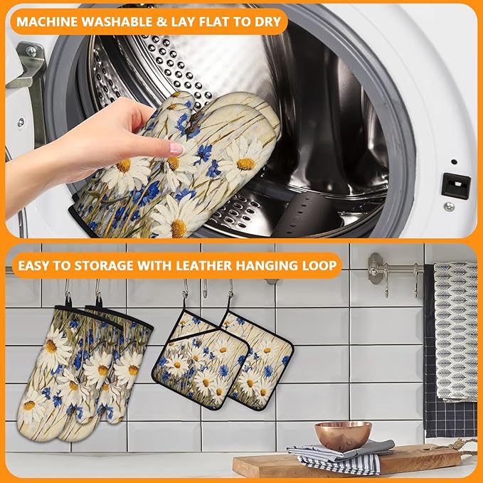 Daisy Flowers Oven Mitts and Pot Holders Sets 4Pcs,Extra Long Oven Gloves Potholder for Kitchen Cooking Baking BBQ 100% Cotton Heat Resistant