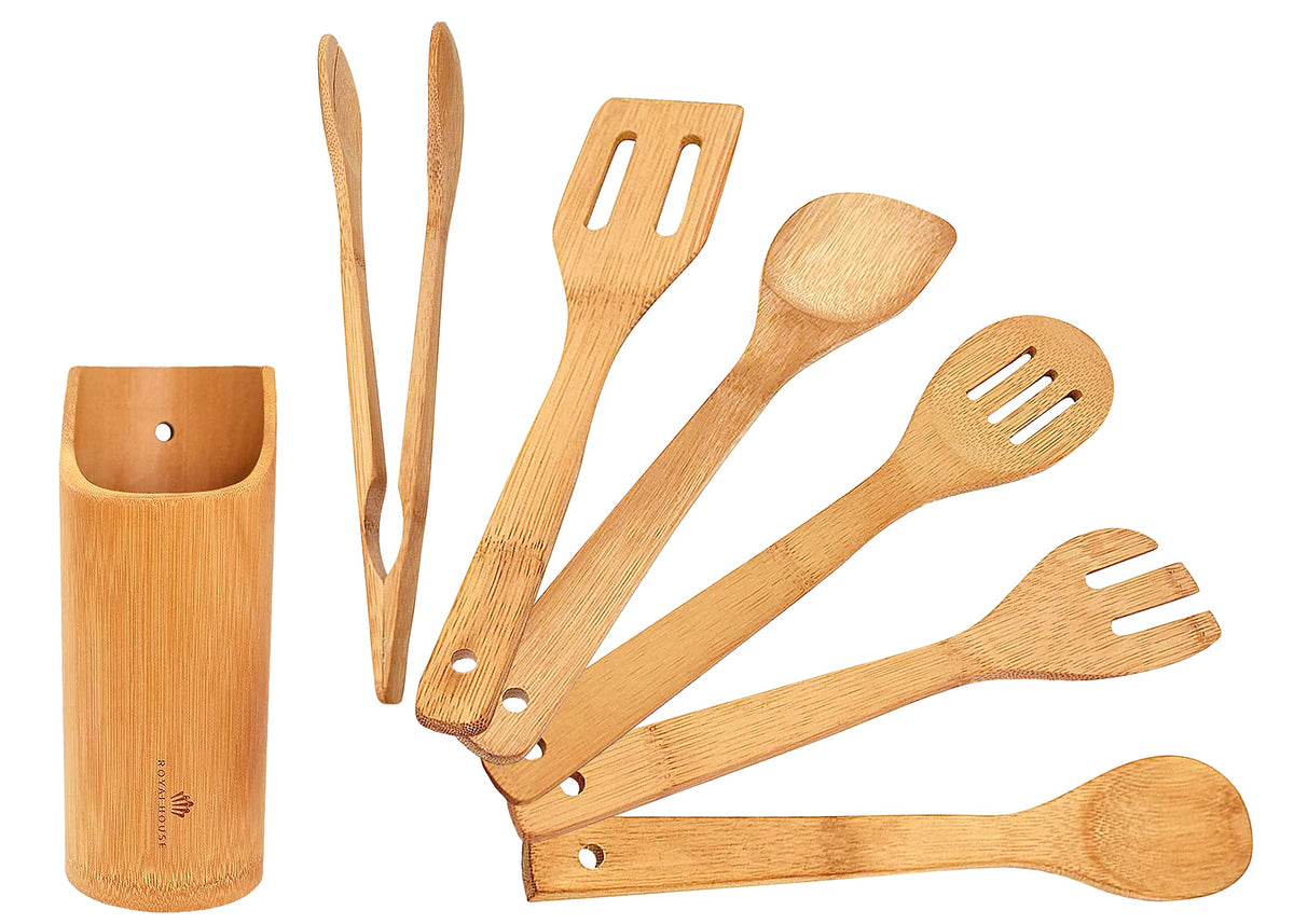 RoyalHouse Wooden Kitchen Utensils Set, 7 Piece Bamboo Cooking Tools and Holder Cooking Spoons and Spatulas, Kitchen Tools, Wood Tool Utensil Sets for Nonstick Pan and Cookware