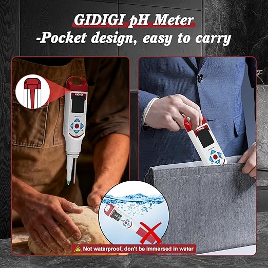 Digital pH Meter Food Pocket pH Pen for Fermentation with pH Calibration Kits Color Display Spear Tip pH Food Tester Probe with ATC for Cosmetics Sourdough Professional pH Test Strips for Food Acidity