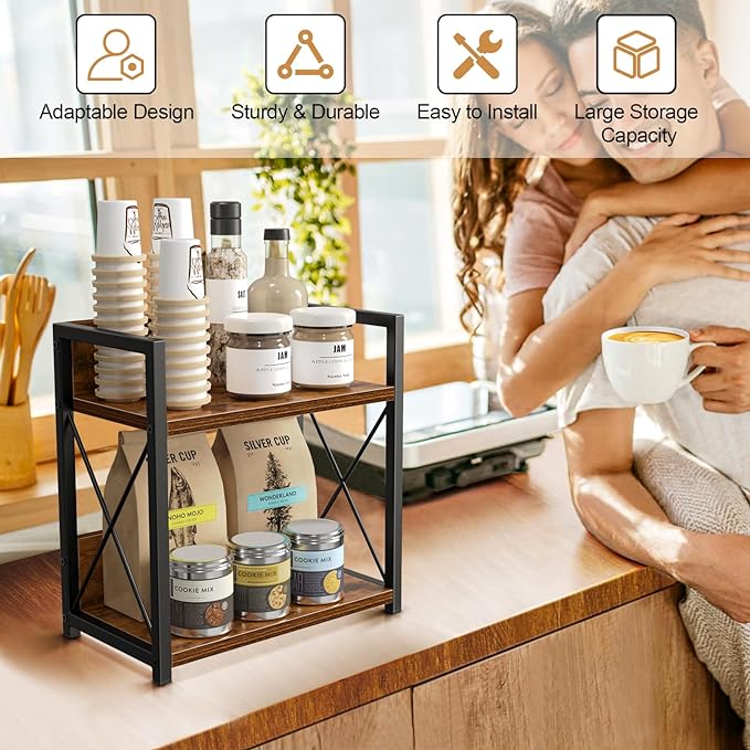 Giikin Kitchen Countertop Organizer, 2 Tier Spice Rack Organizer for Pantry, Kitchen Counter Shelf Wood Coffee Station Organizer (Brown, M)