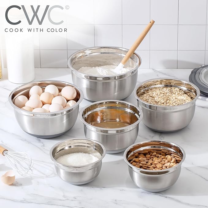 COOK WITH COLOR Stainless Steel Mixing Bowls Set with Lids - Nesting Bowls with Non-Slip Bottom, Grey, 12 Pieces