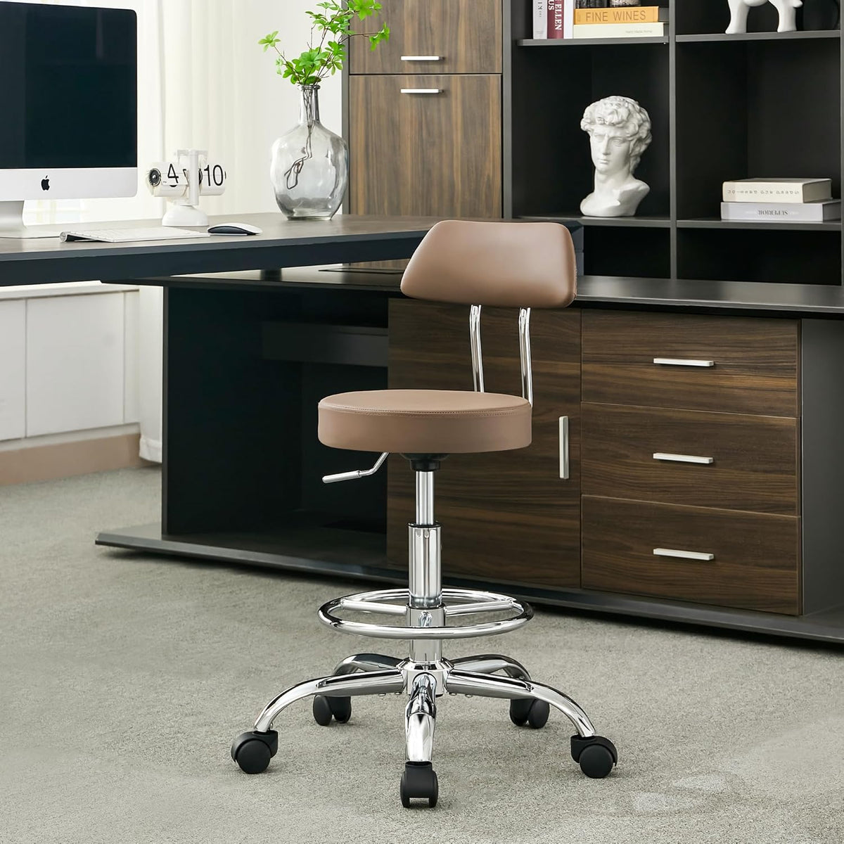 Office Drafting Chair (Rolling Office Stool) (Adjustable Height Footrest Massage Chair 19.56’’-26.6’’) Lab Stool with Back (Coffee Brown)