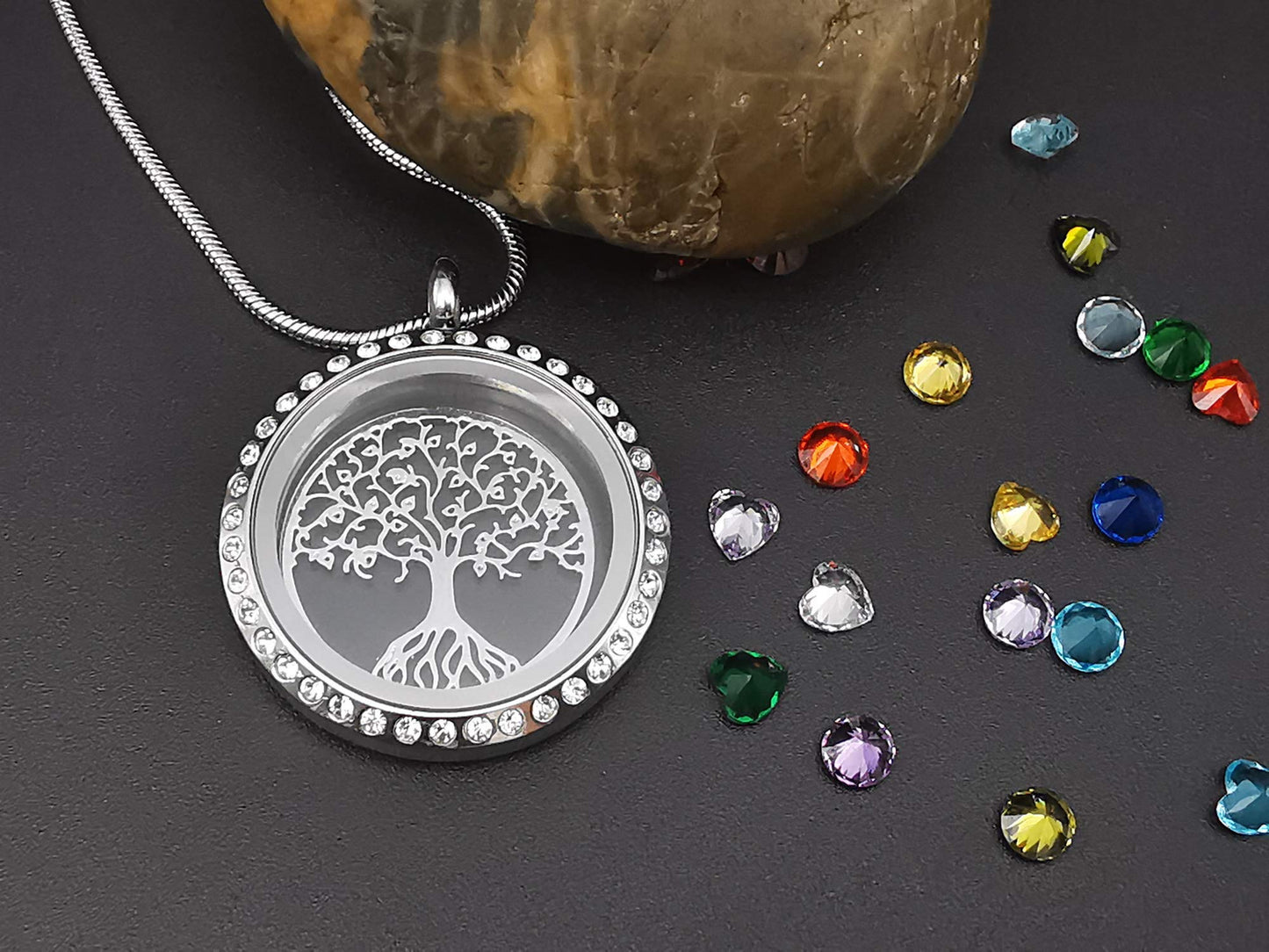 GOKING Family Tree of Life Floating Locket, Grandmother Necklace with Birthstones, Gifts for Mom Grandma Nana Aunt Gigi Mimi, Charms Living Memory Pendant,