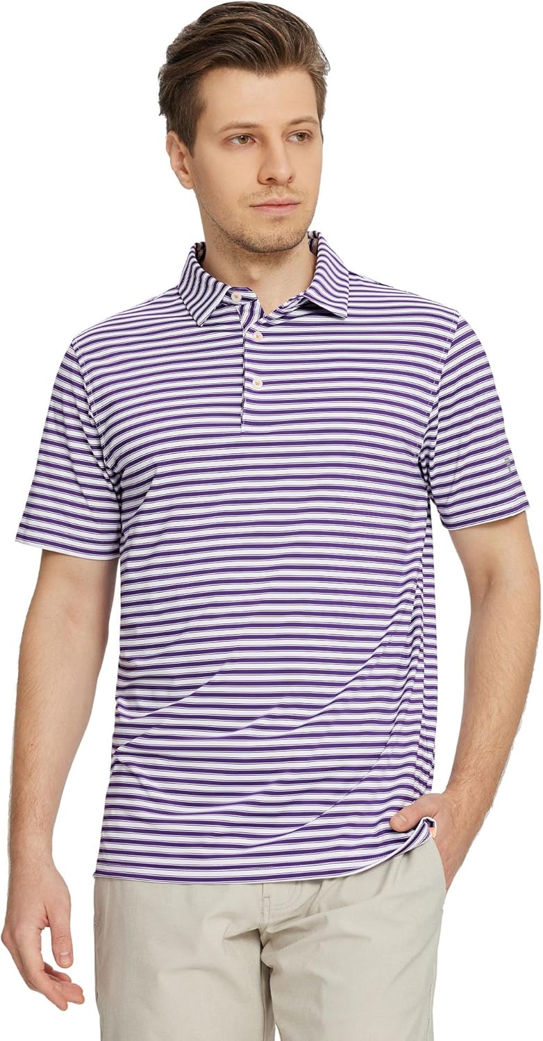 M MAELREG Golf Shirts for Men Short Sleeve Dry Fit Casual Striped Performance Moisture Wicking Collared Mens Polo Shirts