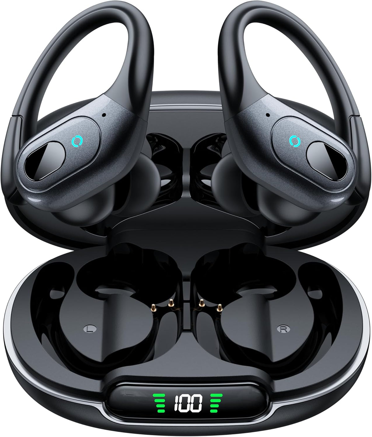 occiam Active Noise Cancelling Ear Buds Bluetooth Headphones Wireless Earbuds 90Hrs Playback Stereo Bass Earphones with Over-Ear Hooks IPX7 Waterproof Earbud for Sports Running Gym Workout Black