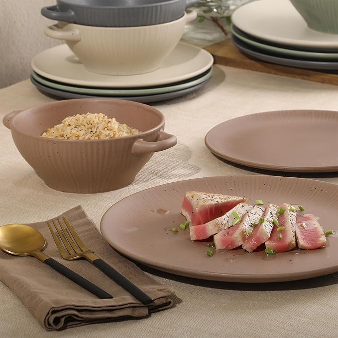 Gibson Elite Clover Hill 12-Piece Stoneware Dinnerware Set – Assorted Colors in Sage Green, Charcoal, Taupe & Cream – Embossed Reactive Glaze Plates & Bowls, Microwave & Dishwasher Safe, Service for 4