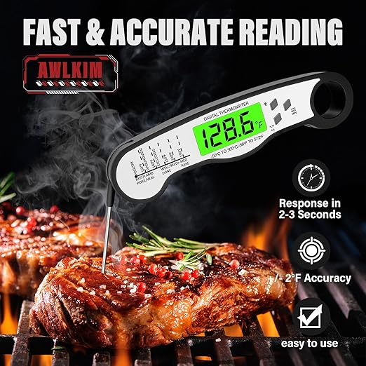AWLKIM Digital Meat Thermometer with Doneness Chart, 2-Sec Instant Read Food Thermometer for Cooking, Grilling, Oven, Air Fryer - Waterproof Backlit Magnetic Flip Probe, Gift for Men, Dad - Black
