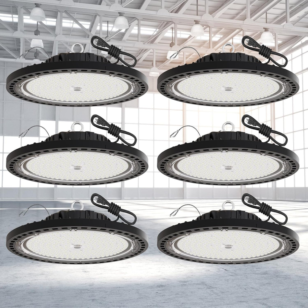 6 Pack UFO LED High Bay Light 150W, 21000 LM, 5000K with 5ft Power Cord, US Plug, Bright LED Shop Light for Basement Commercial Factory Garage Lighting, IP66 Waterproof, AC110-277V, ETL Listded