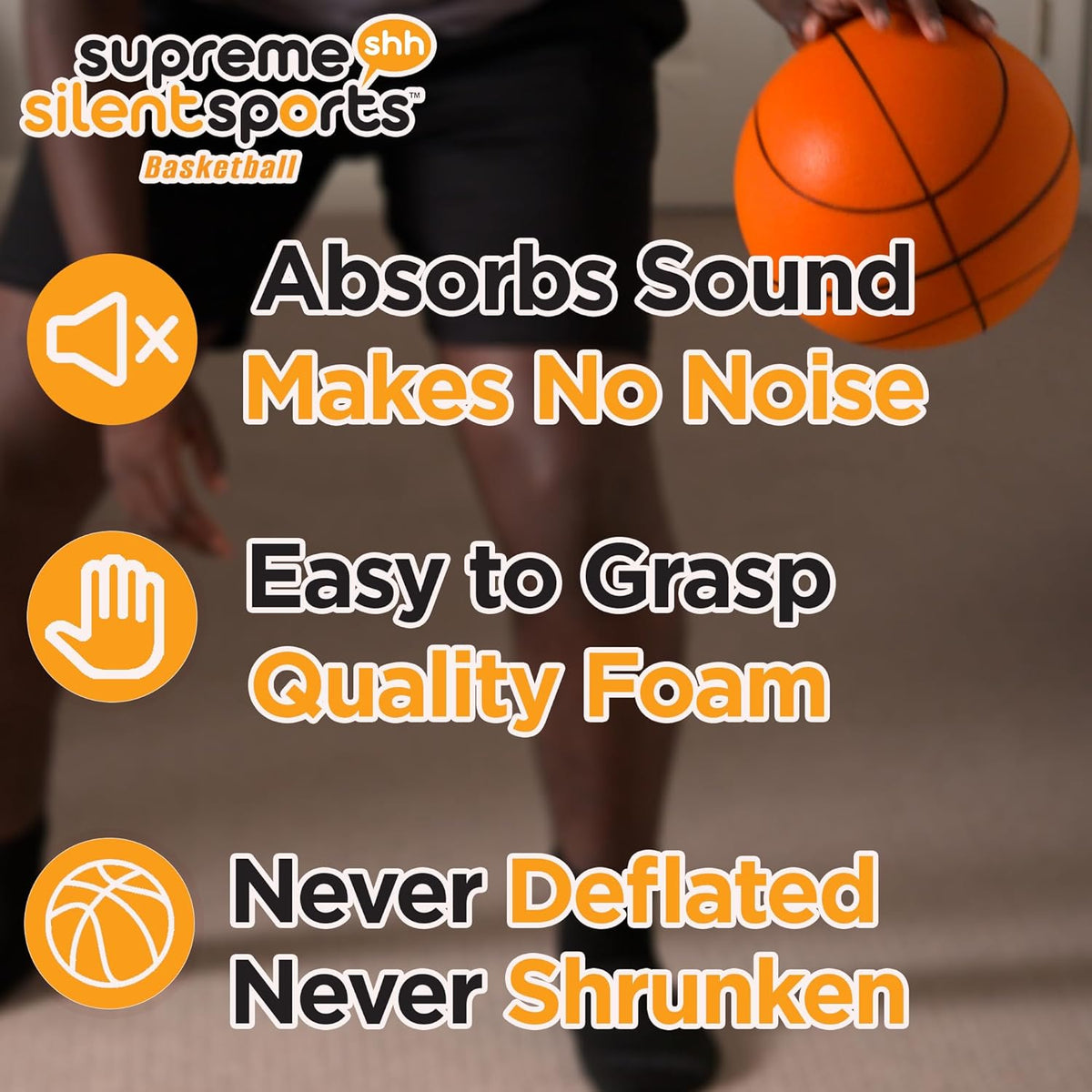 Basketball | Quiet Indoor Safe Premium Foam Ball for Training, Dribbling & Playing, Gift for 3+, Boys & Girls, Never Shrunken or Inflated | Orange (1 Pack)