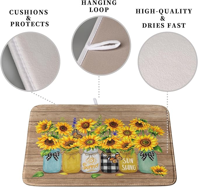 Sunflower Dish Drying Mat for Kitchen 16x18 Inch Counter Rustic Vintage Floral Vases Wood Grain Drying Mats Microfiber Absorbent Dishes Drying Pad Spring Summer Flowers Dish Drainer Rack Mat