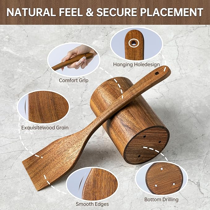 Wooden Utensil Set 8 Pcs - Natural Non-Toxic Acacia Wooden Spoons for Cooking, Nonstick, Sturdy, Non-Scratch, Easy to Clean, Wood Kitchen Utensils Set with Holder, Spoon Rest & 6 Hooks