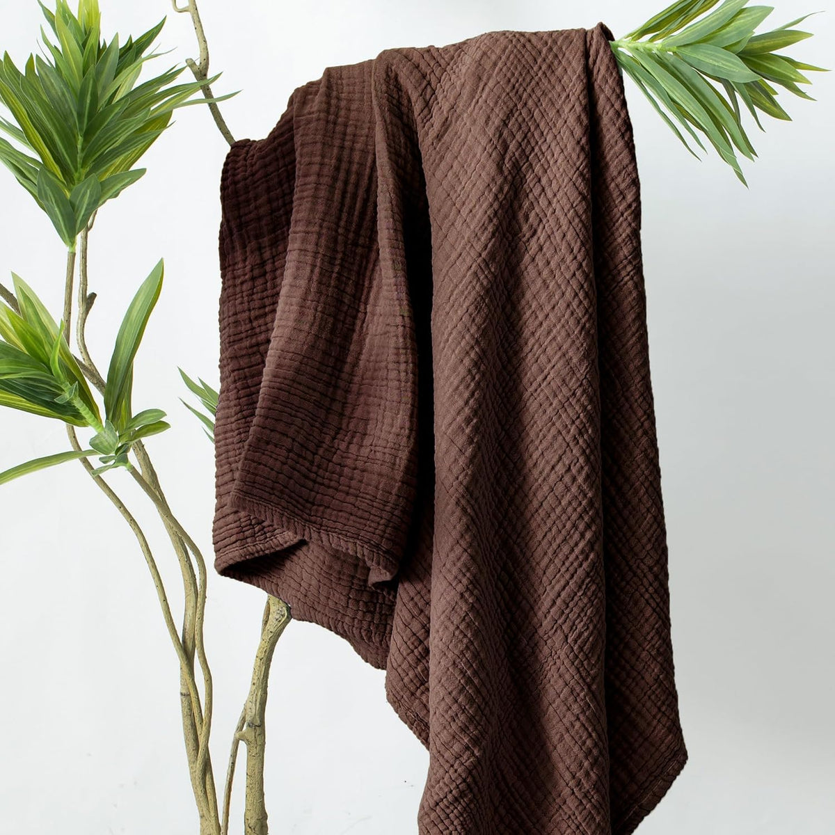 Carriediosa 100% Cotton Muslin Throw Blanket 90" X 90" Queen Size，4-Layers Summer Gauze Throws for Bed Couch，Soft Lightweight Breathable Linen Blankets Bedspread for Adults All Season，Dark Brown