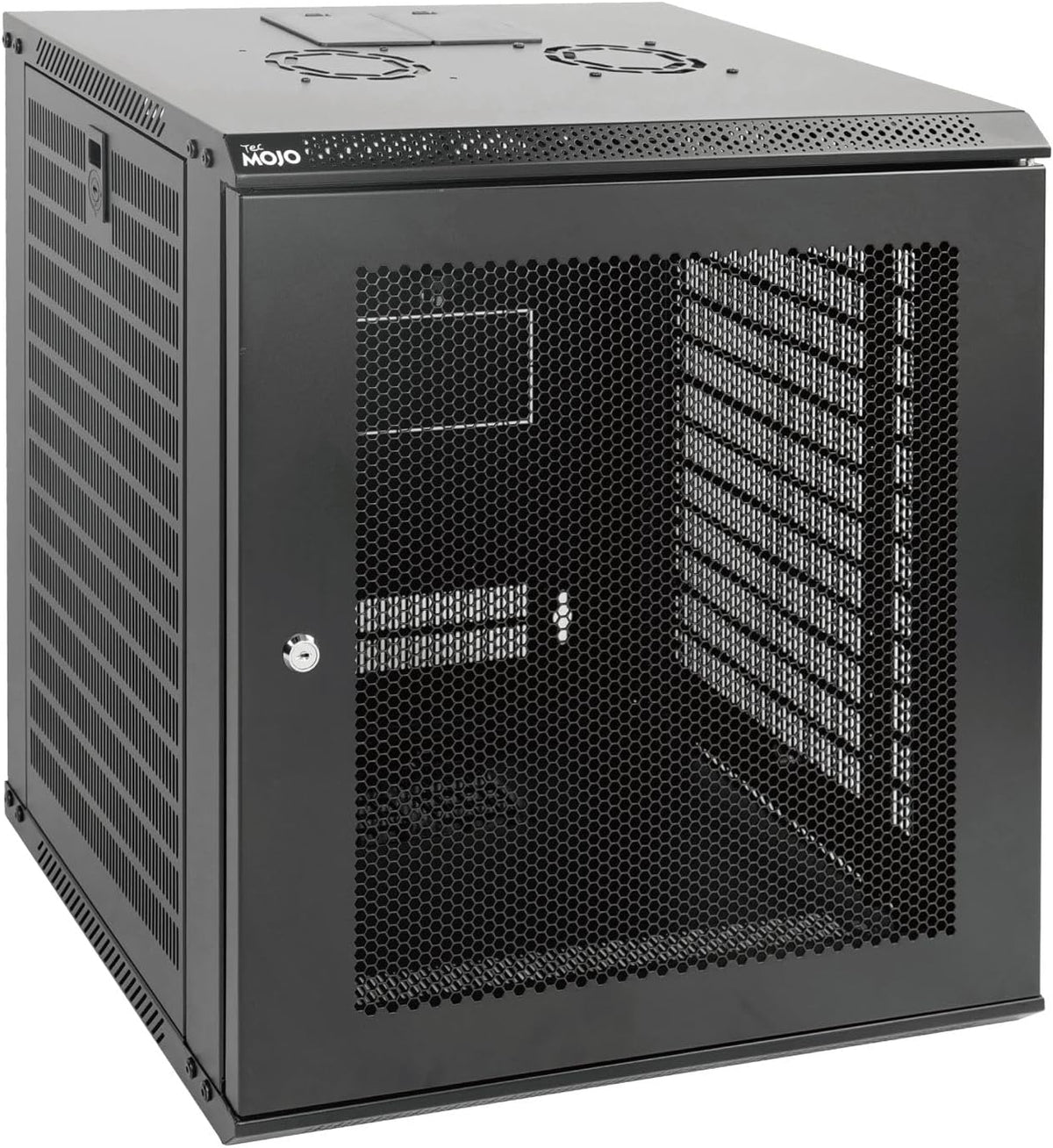 Tecmojo 12U Wall Mount Rack Network Cabinet for 19” IT Equipment,with Lockable Mesh Door and Removable Side Panels,Cooling Fan,Black,17.7inch Deep
