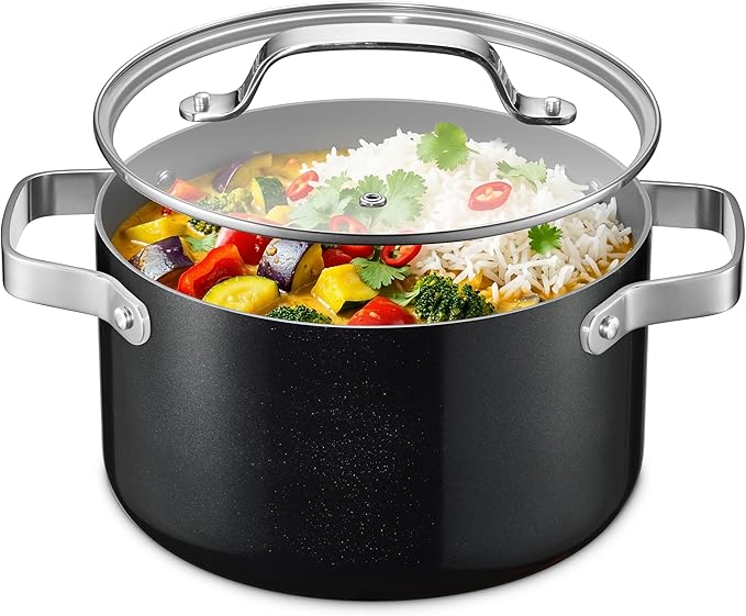 Bakken 5 Quart Ceramic Coated Stock Pot with Lid, Easy to Clean Nonstick Pot, Tempered Glass Lid, Riveted Stainless Steel Handles, Oven Safe Up To 500°F, PTFE & PFAS Free, All Stove Compatible, Black