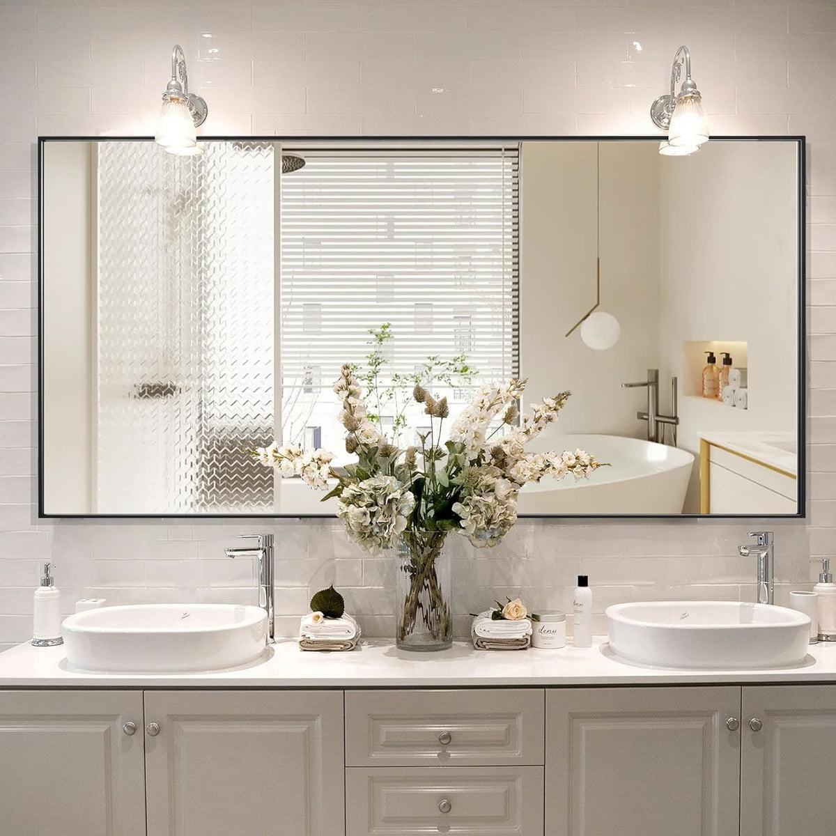 60x30 Inch Bathroom Mirror for Wall, Aluminum Frame Rectangle Rectangular Vanity Mirror, Modern Large for Bedroom, Living Room, Horizontal or Vertical, Black