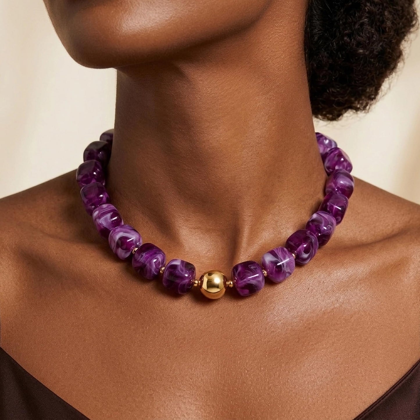 WOWORAMA Chunky Beaded Necklaces for Women Elegant Purple Square Resin Beads Necklace Trendy Chunky Choker Collar Necklaces Boho Statement Jewelry