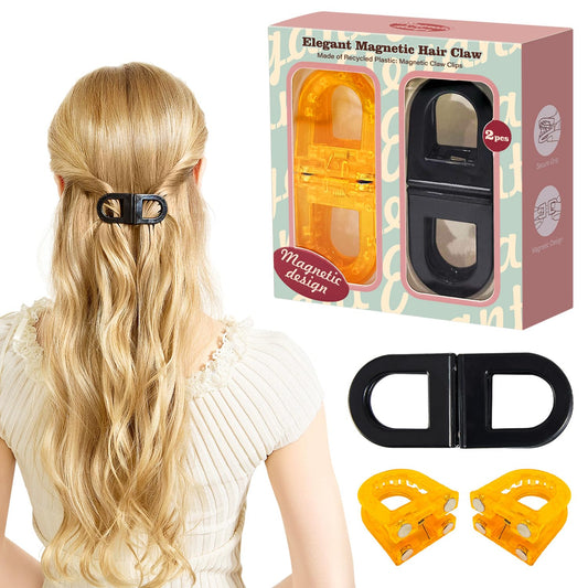 RCZETC Magnetic Hair Clips 2-Pack | Hair Clips for Styling & Thick Hair | Claw Clips & Barrettes for Women | Strong Hold Non-Slip No-Crease Hair Barrettes（Orange + Black）