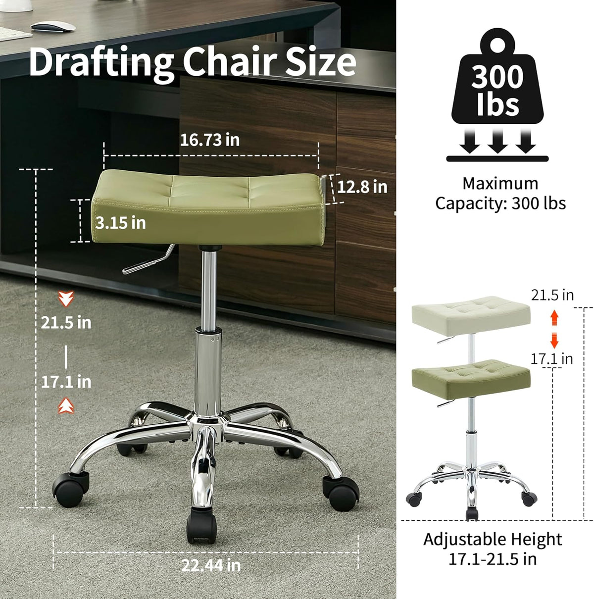 Adjustable Work Stool with Wheels (300lbs Capacity) (Saddle Shaped Seat) Faux Leather Workbench Stool (Green)