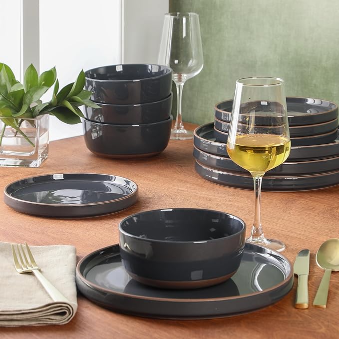 Gibson Elite Northrock Stoneware Dinnerware Set, 16-Piece Service for 4 Plates and Bowls Set – Charcoal Blue Dishes with Hand-Painted Terracotta Base
