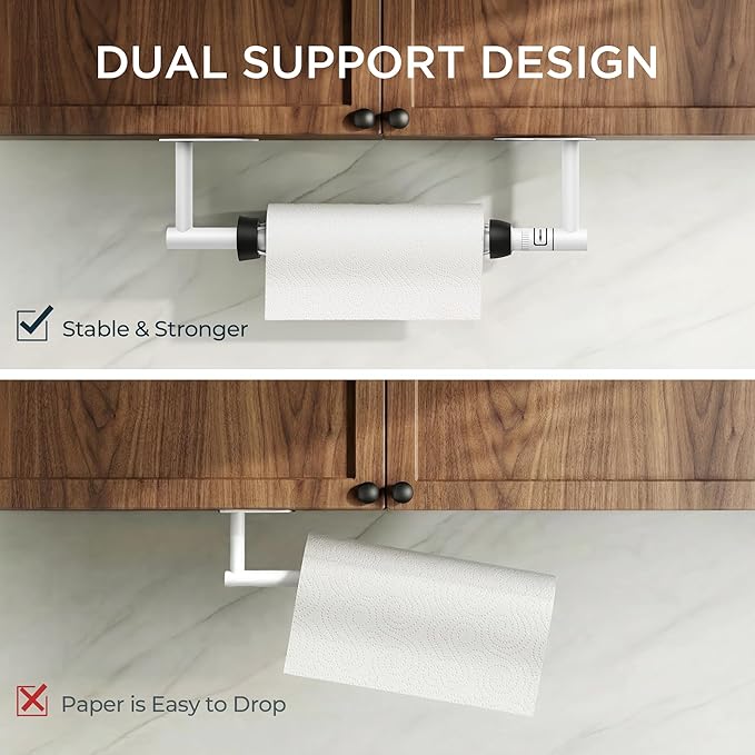 FORIOUS Paper Towel Holder Under Cabinet, One Hand Operable with Ratchet System for Easy Tear, No Drill Adhesive or Drill Wall Mount, 304 Stainless Steel for Kitchen Bathroom RV Garage, White