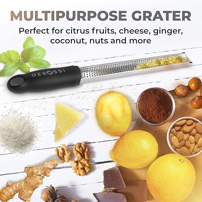 Stainless Steel Cheese Grater & Lemon Zester w/Extra Sharp Blade - Perfect for Lemon, Parmesan, Garlic, Chocolate - Spice Up any Dish in Seconds w/Your Premium Citrus Hand Grater with Handle - Black