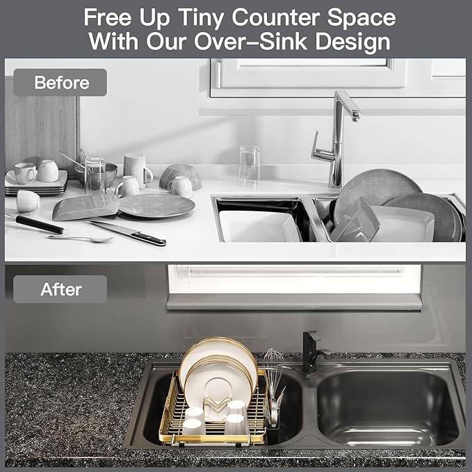 MAJALiS Dish Drying Rack Over The Sink, Expandable Stainless Steel Dish Drainer for Small Kitchen Counter Space Saving, RV Compact Plate Strainer in Gold Metal with Hanging Adjustable Utensil Holder