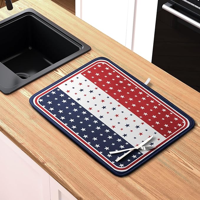 4th of July Dish Drying Mat for Kitchen Counter Patriotic Red White Blue Stars Drying Pad Microfiber Absorbent Dish Draining Mat Microfiber Independence Day Dish Drainer Rack Mats 16x18 Inch