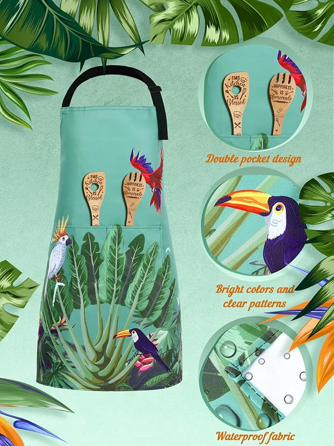 Bencailor 6 Pcs Spring Kitchen Aprons with Pockets Flower Rooster Bee Butterfly Sunflower Summer Aprons Bulk for Women(Green,Bird)