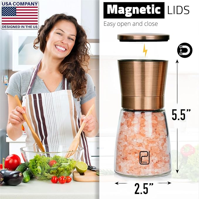 Premium Salt and Pepper Grinder Set with Bamboo Holder - 6 oz, Copper Stainless Steel - S&P Spice Shakers - Refillable & Adjustable Coarseness Hand Mill for Spices & Seasonings - by PJC-Kitchen