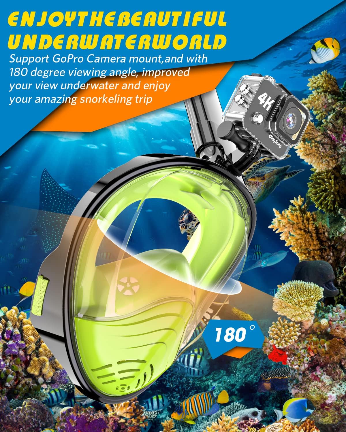 QingSong Full Face Snorkel Mask for Adults, Snorkeling Gear with Camera Mount, 180 Degree Panoramic View Snorkel Set Anti-Fog Anti-Leak