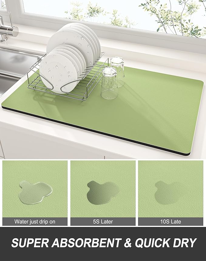Rnivvi Dish Drying Mat for Kitchen Counter, 12 x 19" Super Absorbent Drainer Pad Easy Clean Dish Rack Pad, Non-Slip Heat Resistant Coffee Bar Mats for Coffee Machine Station Accessories Decor, Green