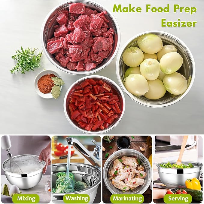 E-far Mixing Bowls with Lids Set of 5, Stainless Steel Mixing Bowls Metal Nesting Bowls with Airtight Lids, Non-toxic & Dishwasher Safe, Great for Cooking, Baking, Serving - Size 0.7/1/1.5/3/4.6QT
