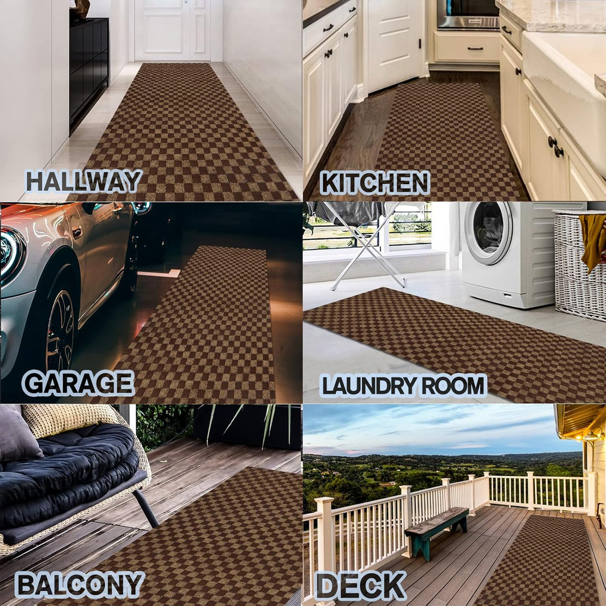 Custom Size Backed Non-Slip Area Rugs Runner, Easy Clean, Waterproof Runner Rugs for Hallway Entryway, Kitchen, Laundry, 2FT x 24FT, Brown Checkered