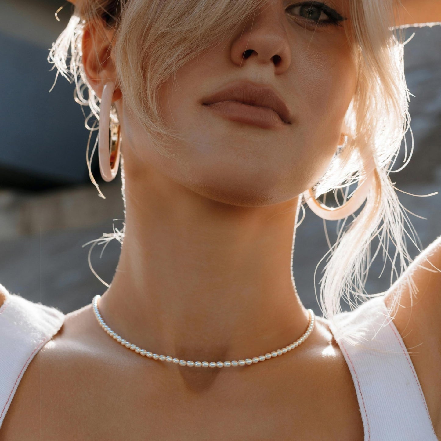 Pearls Necklace, Freshwater Tiny Small Rice Pearls Necklace for Women's Pearl Strand Necklace Chain 18K Gold Plated Hypoallergenic White Necklace as Prom Bridesmaid Birthday Gifts(Rice, 18KWGP Lock)