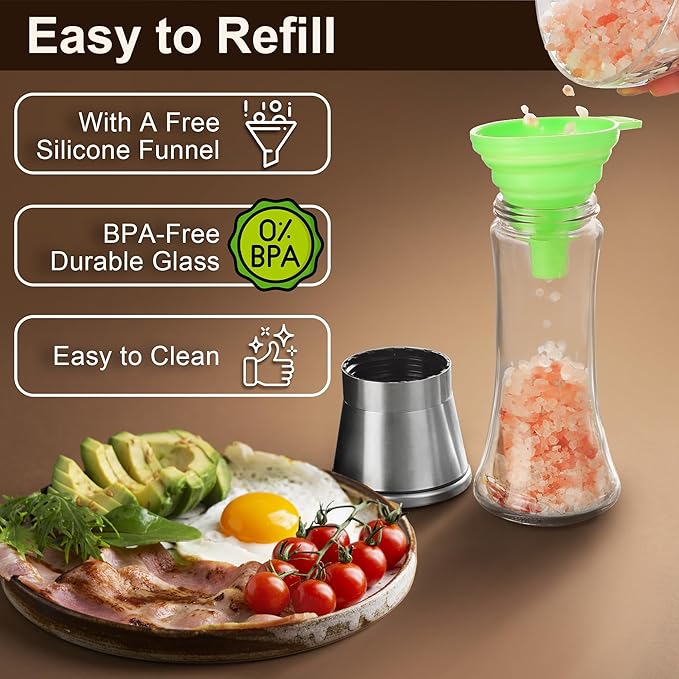Salt and Pepper Grinder Set - Stainless Steel Refillable Salt & Peppercorn Shakers (2.6"W x 7.5"H - 2 Pack with Holder)