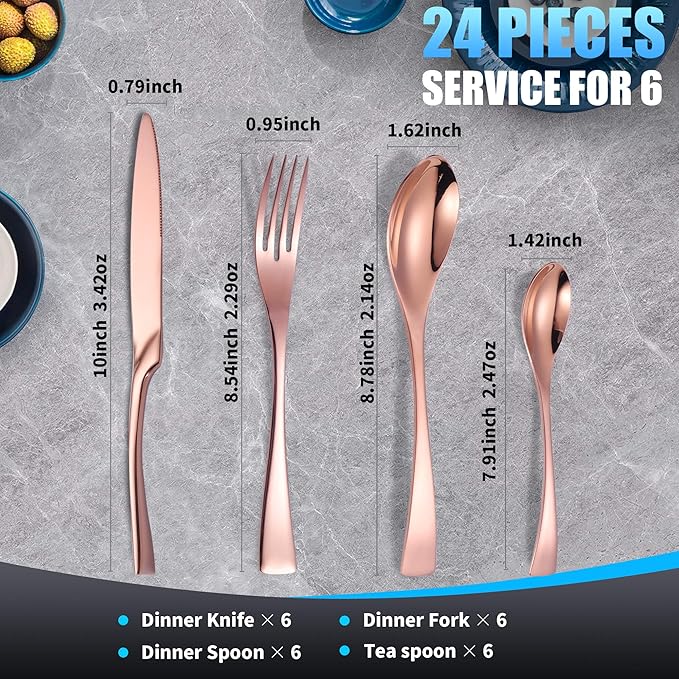 Lemeya 24-Piece Rose Gold Silverware Set for 6,18/10 Stainless Steel Cutlery Set with Forged Stand Knife,Modern Flatware Utensils Set,Forks Spoons and Knives Set,Mirror Polished,Dishwasher Safe